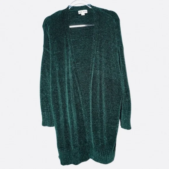 Ava & Viv Plus Size Open Front Cardigan Dark Emerald Green Chenille Size 1X - Picture 2 of 7